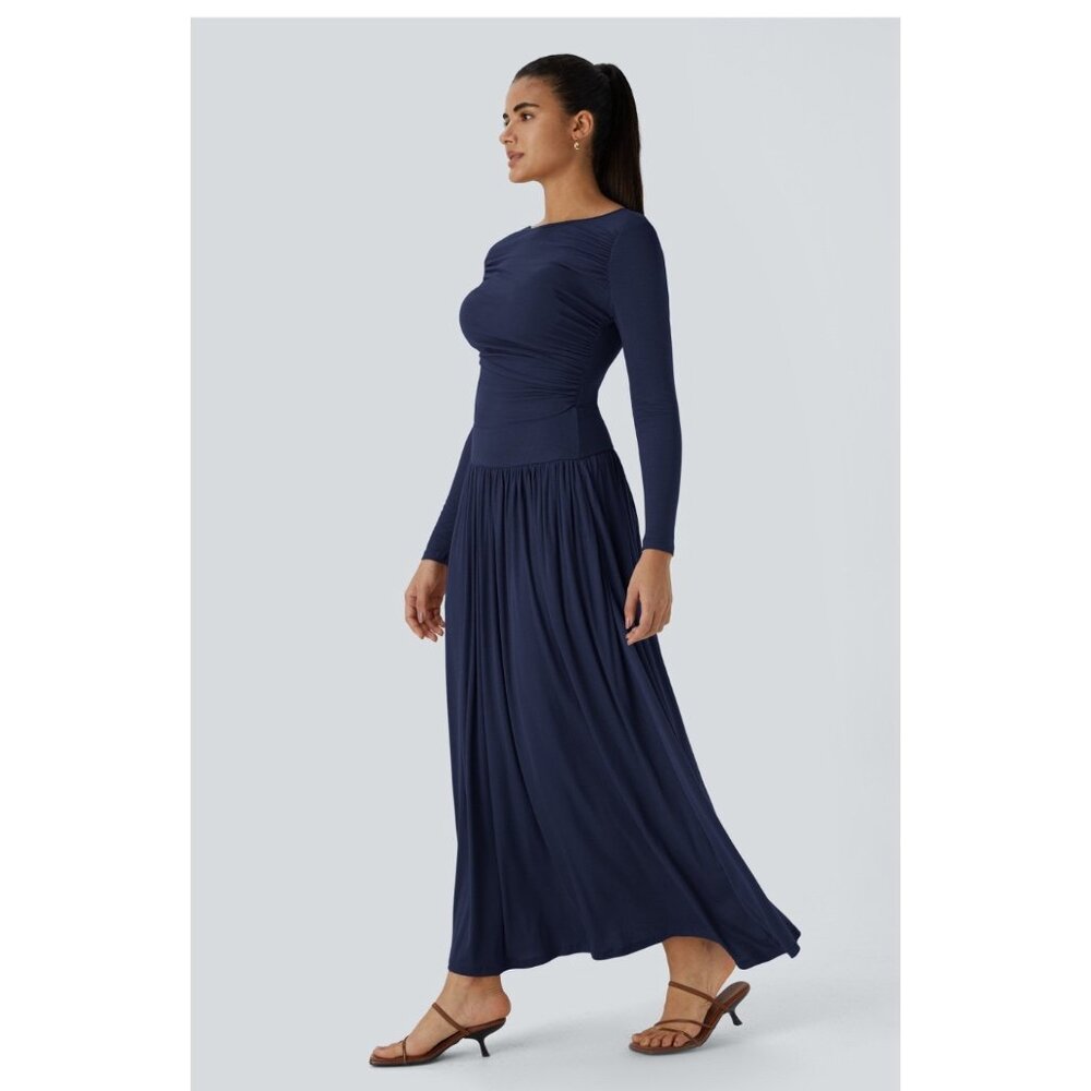 Halara Dress Boat Neck Long Sleeve Ruched Flowy Maxi Navy Blue Size Small NWT